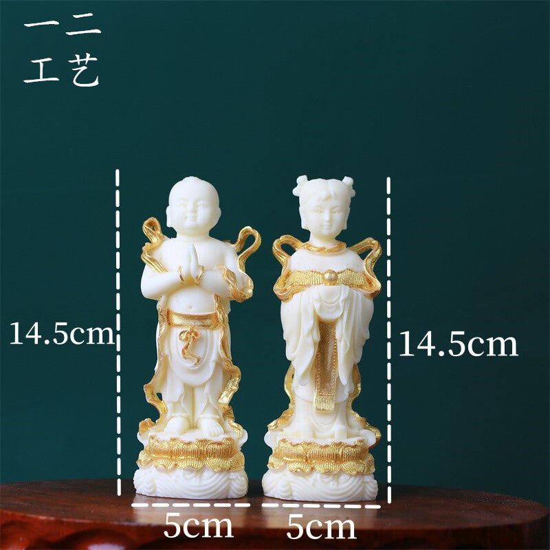 Tagua Nut Golden Boy and Jade Girl Ornament Home Buddha Statue Tea Pet