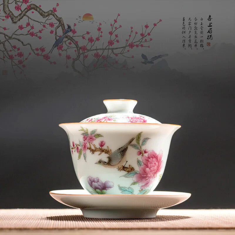 Chinese Gaiwan Ceramic Tea Bowl with Saucer, Handmade Hand-painted Tea Set