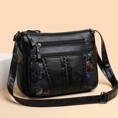 Soft Leather Messenger Shoulder Handbag Purse Flowers Multi-pocket Crossbody 1PC