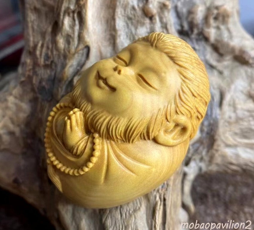 Boxwood Carved Monkey King Statue Carving Figurine Buddha Zen Decor Gift