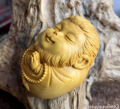 Boxwood Carved Monkey King Statue Carving Figurine Buddha Zen Decor Gift