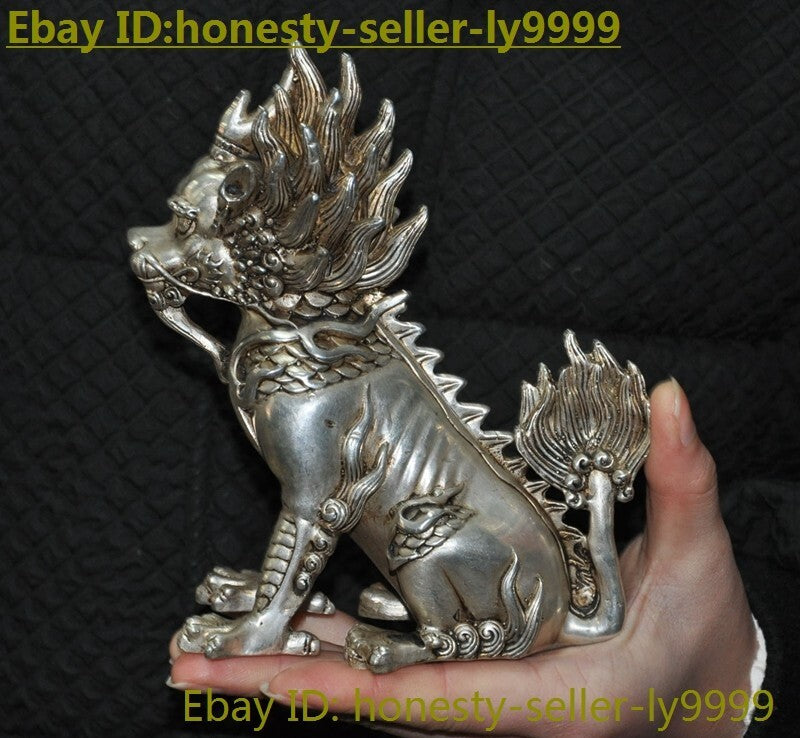 5.8" China Tibetan Silver Exorcize Kylin Kirin Chi-Lin Kilin Qilin Animal Statue