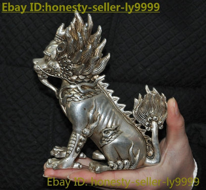 5.8" China Tibetan Silver Exorcize Kylin Kirin Chi-Lin Kilin Qilin Animal Statue