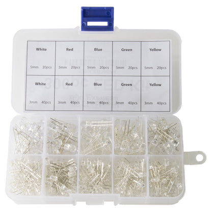 300 Piece Clear Lens LEDs, 3mm & 5mm, Colors: White, Red, Blue, Green, Yellow