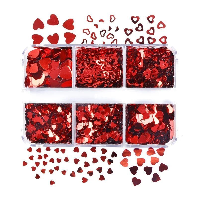 Nail Glitter Sequins 6Grids Mixed Red Black Heart Valentine's Day Manicure Decor