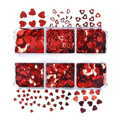 Nail Glitter Sequins 6Grids Mixed Red Black Heart Valentine's Day Manicure Decor