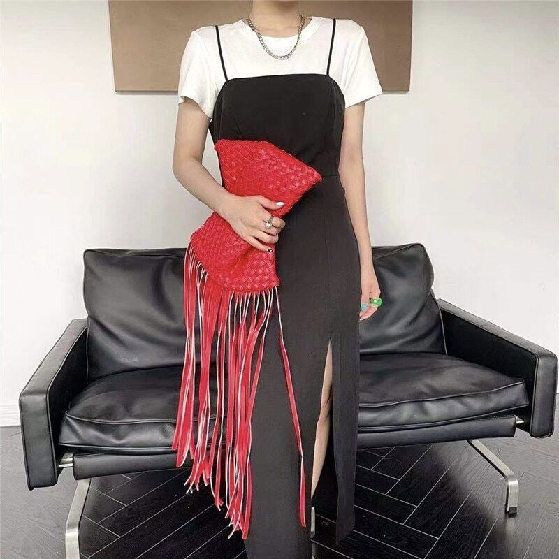 Tassel Clucth Bags Women Leather Woven Lady Handbags Bag Large Party Female