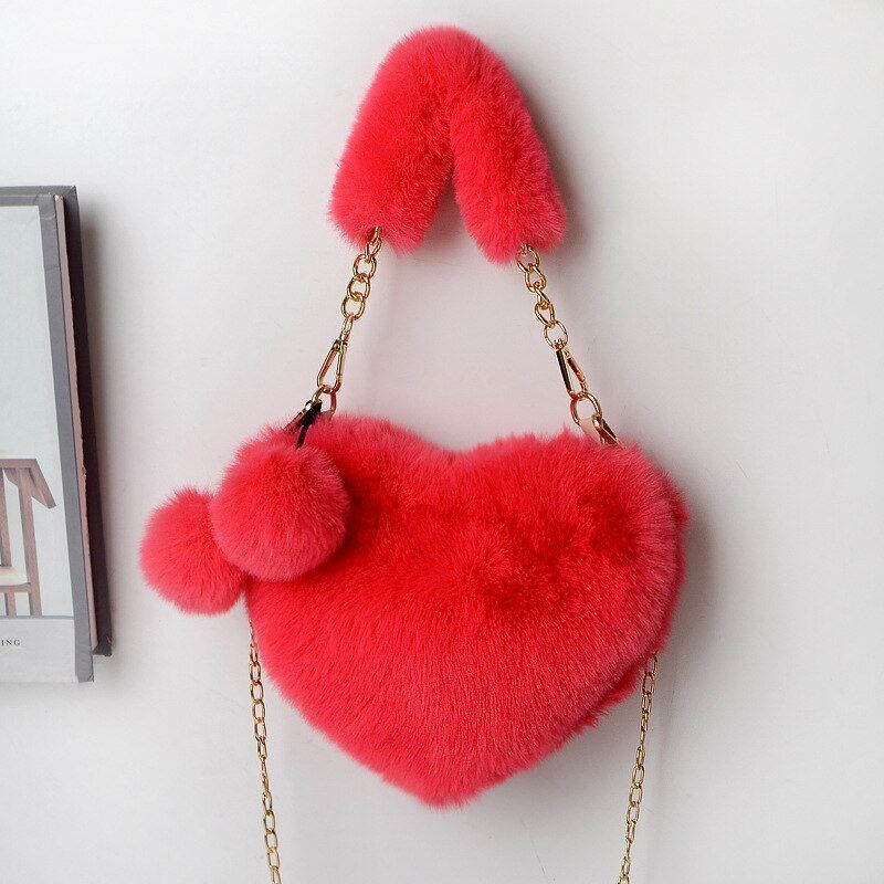 Faux Fur Winter Handbag Heart Shape Shoulder Bag Clutch Purse Chain Velvet Pouch