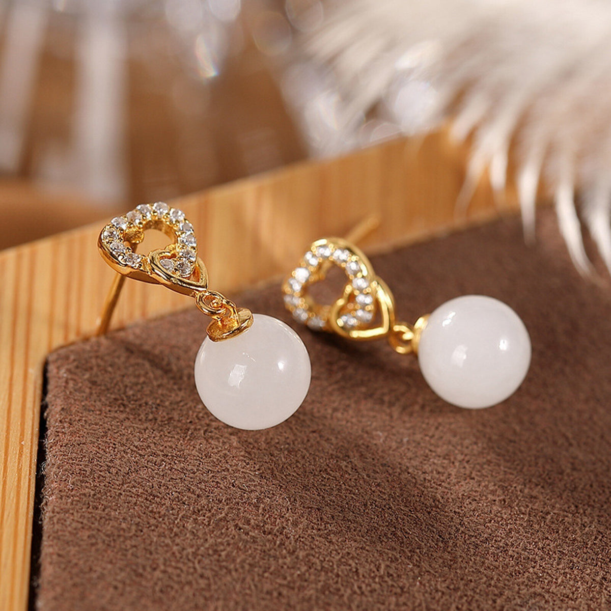 Pure S925 Sterling Silver Stud Nephrite Natural Jade Bead Heart Dangle Earrings