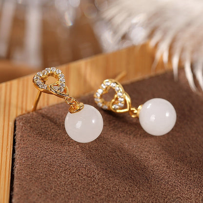 Pure S925 Sterling Silver Stud Nephrite Natural Jade Bead Heart Dangle Earrings