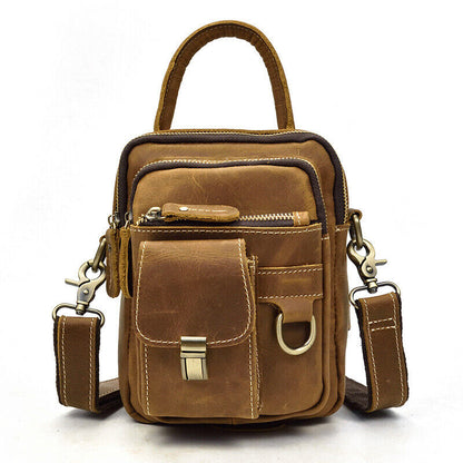 Men Crazy Horse Leather 8" Sling Shoulder Bag Multifunctional handbag Waist Pack