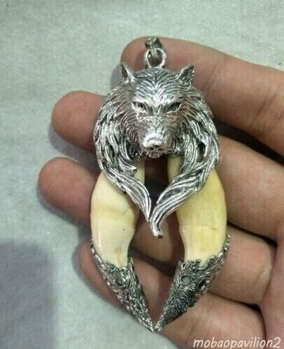 Old Teeth Inlaid Silver Wolf Head Pendant Amulet Collection