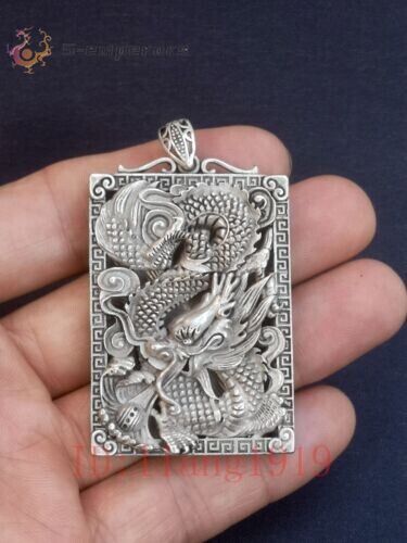 Chinese Tibet Silver Carving Dragon Statue necklace Pendant Collection gift