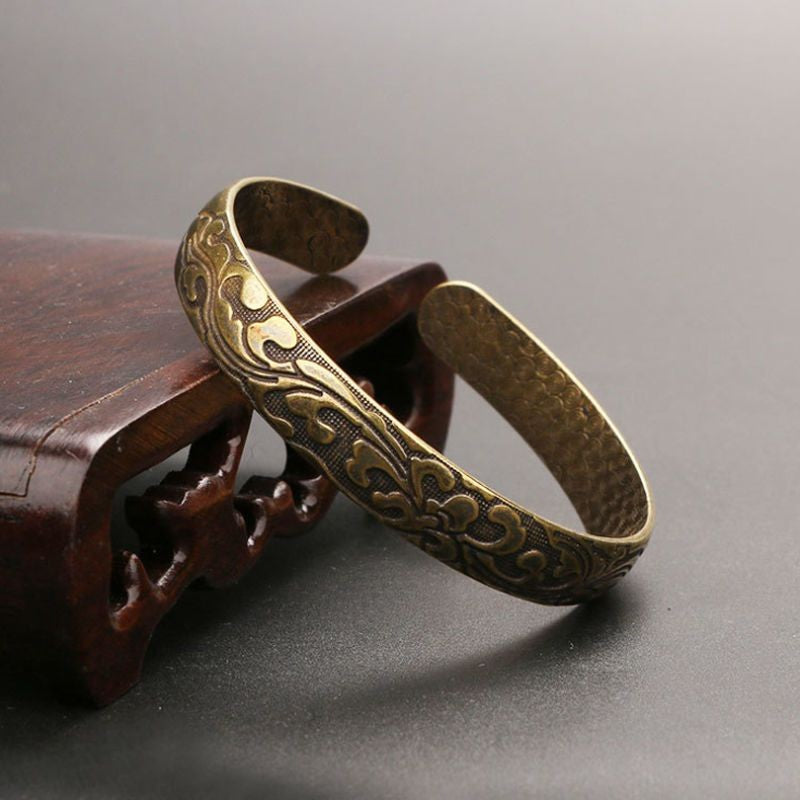 Vintage Brass Floral Engraved Cuff Bracelet Open Bangle