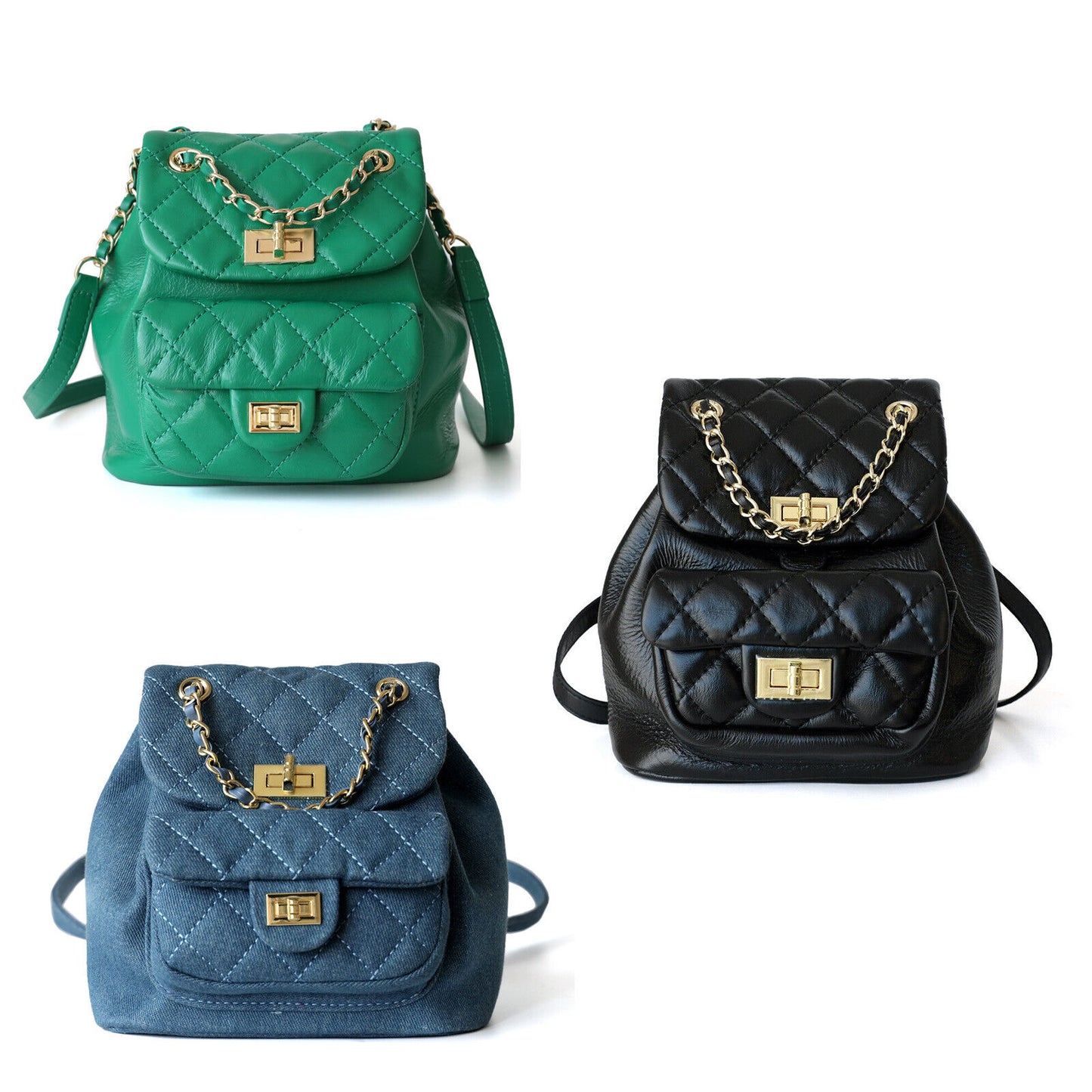 Small Mini Quilted Leather Backpack Drawstring Bucket Bag Flap Purse Chain Strap