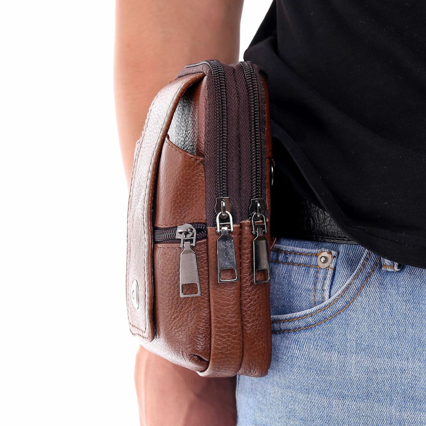 Men Large Capacity Belt Shoulder Bags Leather Waist Bag Multifunction Fanny Pack
