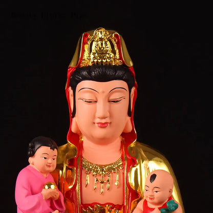 12in Resin Home Offering Buddha Golden Body Red Clothes Guanyin Buddha Statue