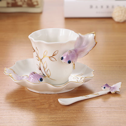 200ml 3D Goldfish Coffee Mugs Bone China Tea Cups Dish Spoon Creative Coffeeware