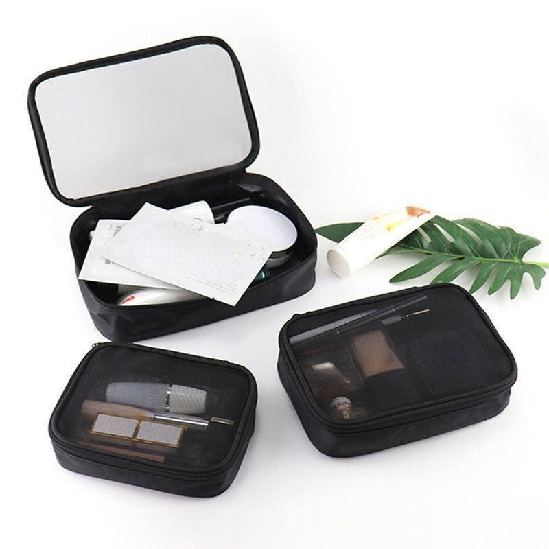 Black Mesh Cosmetic Bag Travel Toiletry Kit Transparent Makeup Organizer Pouch
