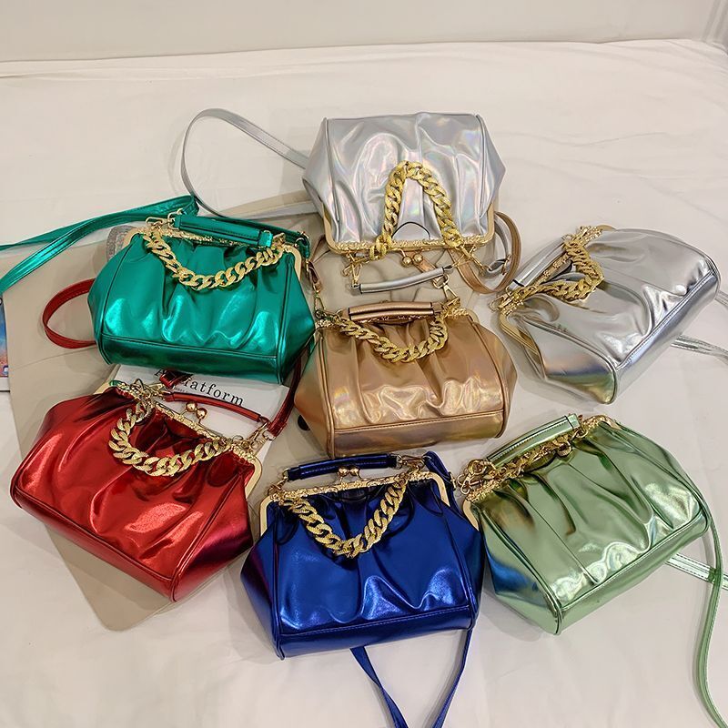 Shoulder Bag Pleated Bag Thick Chain Clip Handbags Satchel Leather Crossbody Bag