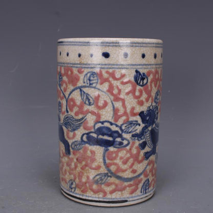 5.3" China Ming Blue-and-white Porcelain Red Glaze Animal Lion Brush Pot