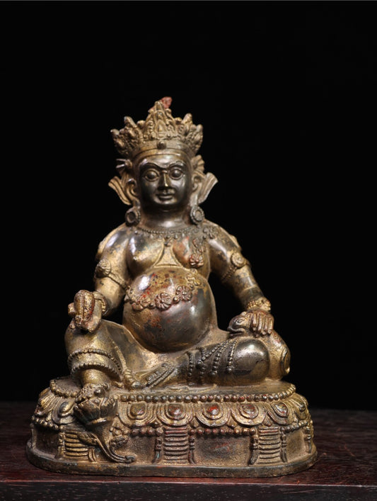 7.5" Old Antique Tibetan Buddhism Bronze Gilt Yellow Jambhala Buddha Statue