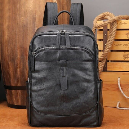 Top Cow Leather Black Men's bag, Soft Leather Large Capacity Backpack Travel Bag