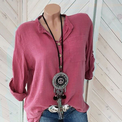 Womens Tunic Cotton Linen Pullover Blouse Tops Ladies Baggy Long Sleeve T-Shirt