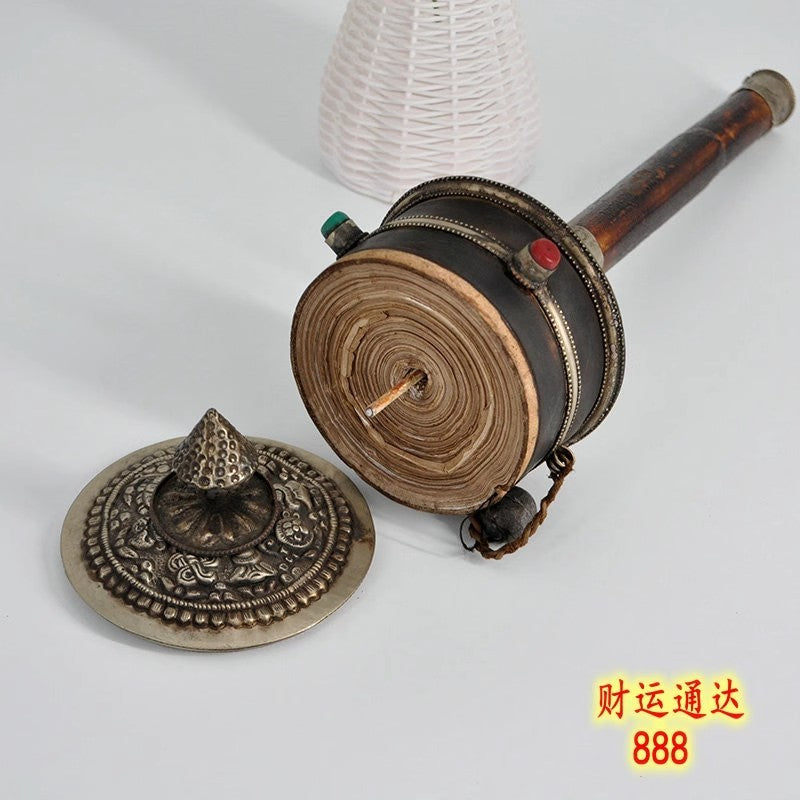 14.8'' old Tibetan Buddhism Tibetan silver Cowhide wood scriptures Prayer wheel