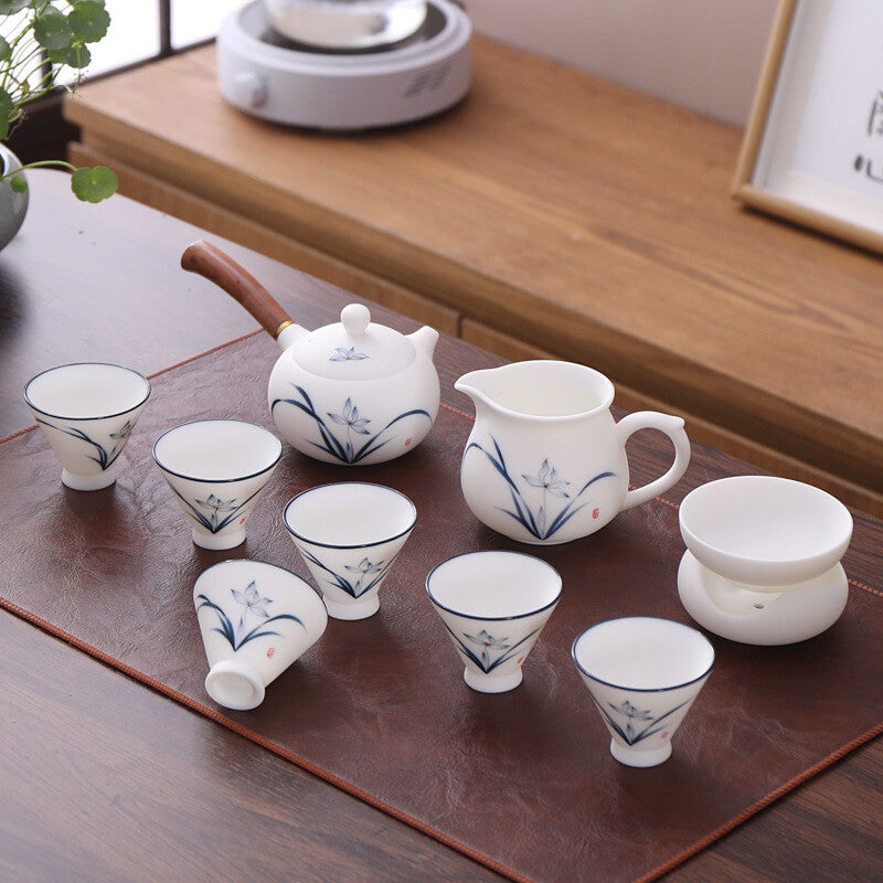 Boutique Fat Mutton Jade Porcelain Tea Set Hand Drawing Orchid Tea Pot Pitcher