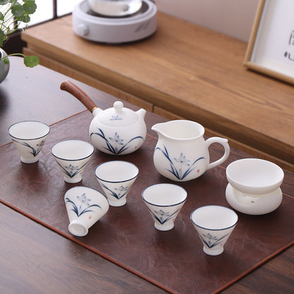 Boutique Fat Mutton Jade Porcelain Tea Set Hand Drawing Orchid Tea Pot Pitcher