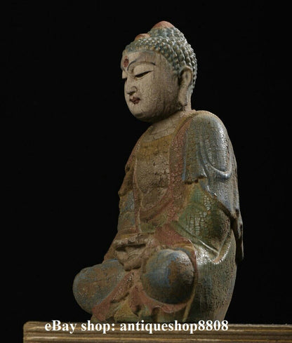 9" Old Tibet Buddhism Wood Carved Shakyamuni Amitabha Buddha Sakyamuni Statue