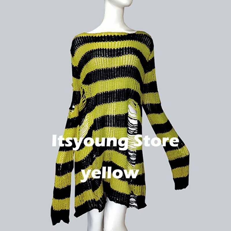 Unisex Sweater Plus Size Punk Long Dress Hollow Hole Broken Jumper Loose Thin