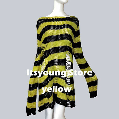 Unisex Sweater Plus Size Punk Long Dress Hollow Hole Broken Jumper Loose Thin