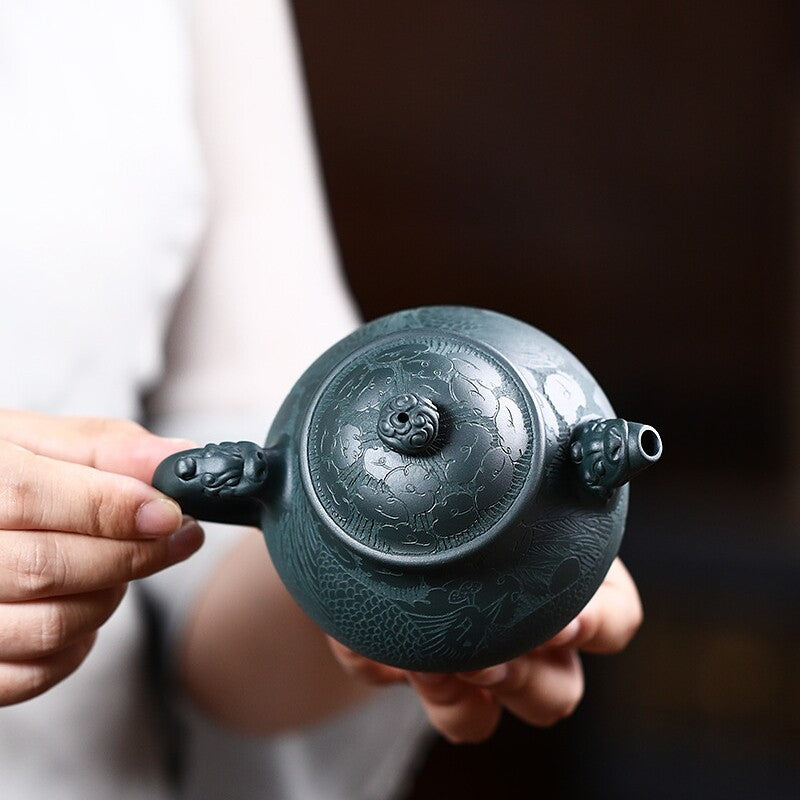 True Yixing Zisha Tea Pot Dragon Carved Tianqing Clay Master Pot Marked 320ml