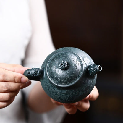 True Yixing Zisha Tea Pot Dragon Carved Tianqing Clay Master Pot Marked 320ml