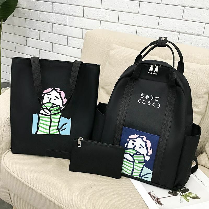 3 Pcs Sets Backpack School Bags Teenage Girls Women Casual Shoulder Zipper Solid