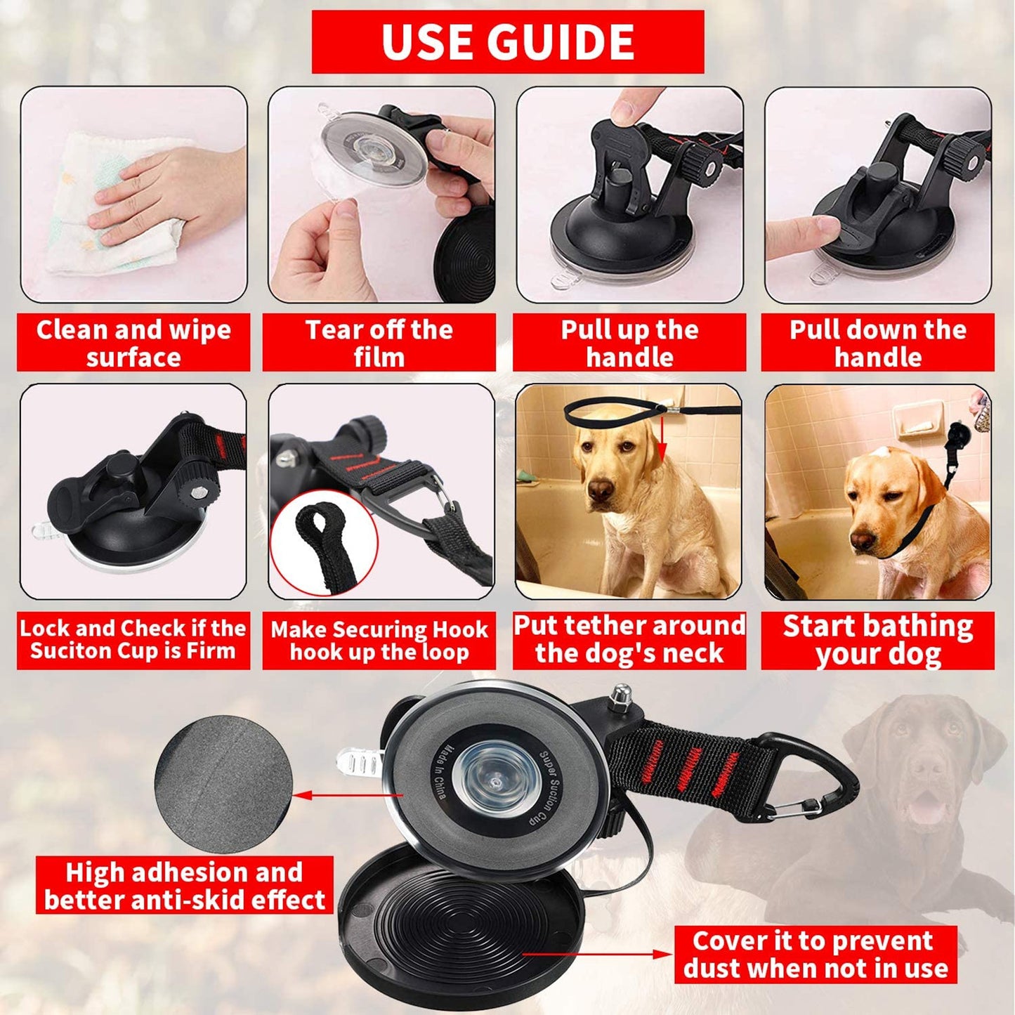 NEW 9CM Dog Bathing Rope with Suction Cup Pet Dog Grooming Tub Restraint Loops
