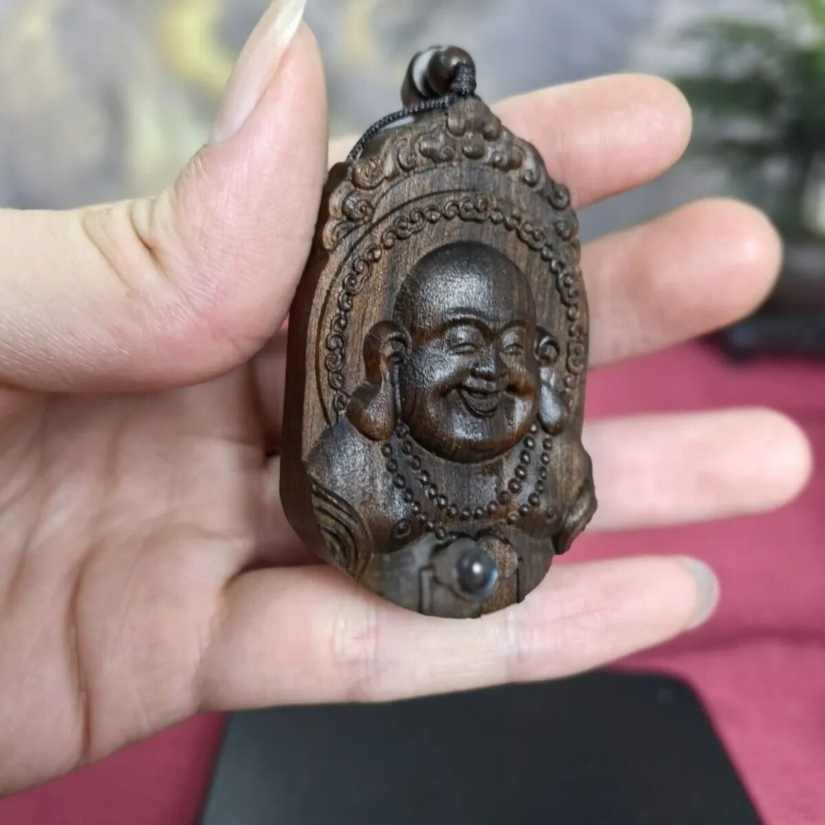 Natural Wood Maitreya Buddha Pandent Projection Necklace Amulet Lucky Gift