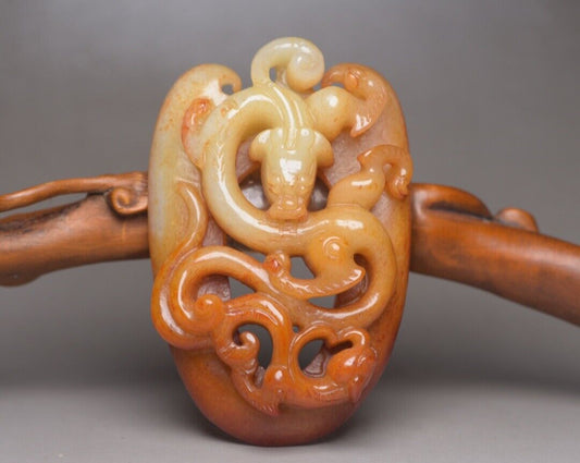 Chinese Old Natural Hetian Jade Carved Dragon Statue Pendant Jewelry Collections