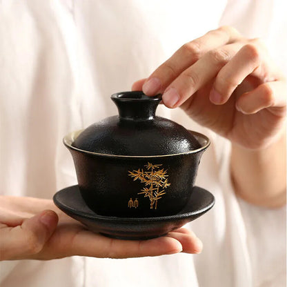 Chinese Black Pottery Ceramic Tea Tureen Retro Tea Maker Zen Cover Bowl Teacup
