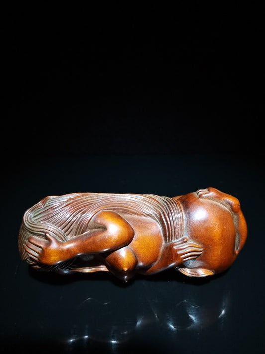 Rare old Boxwood Mermaid girl Wood Hand Carved Statue netsuke hand piece tea pet