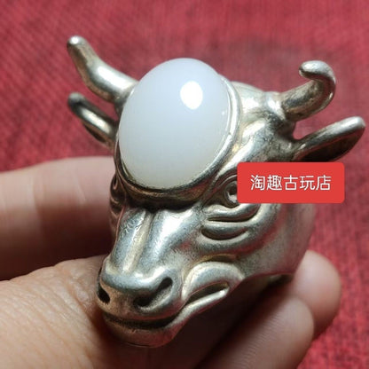 Antique Ox Head Ring Silver Inlaid Jade Adjustable Qing Style