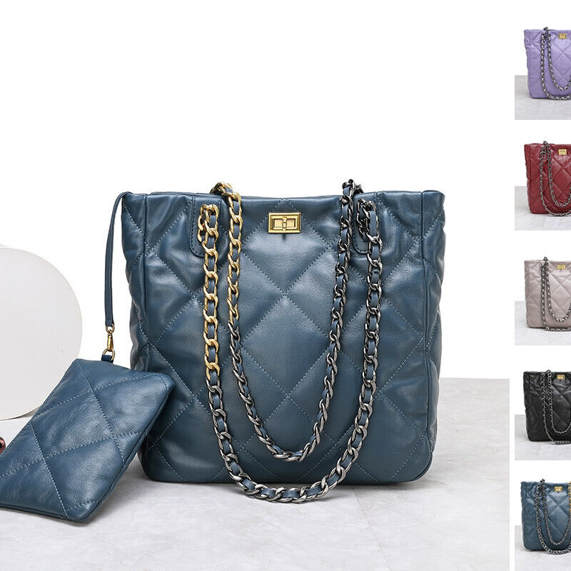 Quilted Sheepskin Leather Tote Shoulder Bag Purse Chain Handles Handbag Fashion