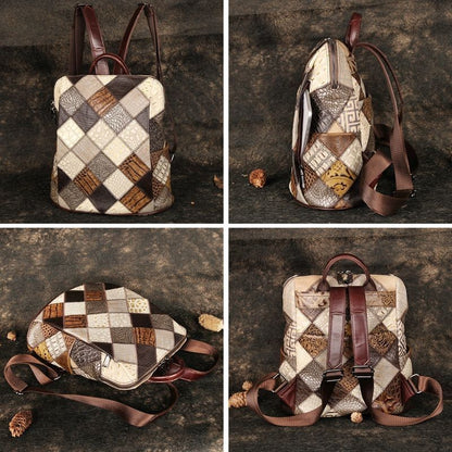 Retro Backpack Genuine Leather Shoulder Bags 12" Travel Bag Patchwork Multicolor