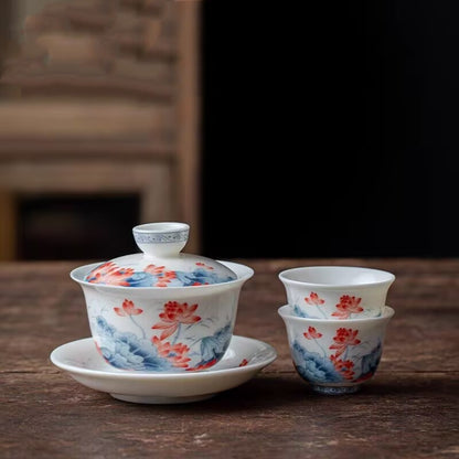 Jingdezhen Ceramic Gaiwan Mutton Jade Porcelain Tureen Matching Tea Cup Pitcher