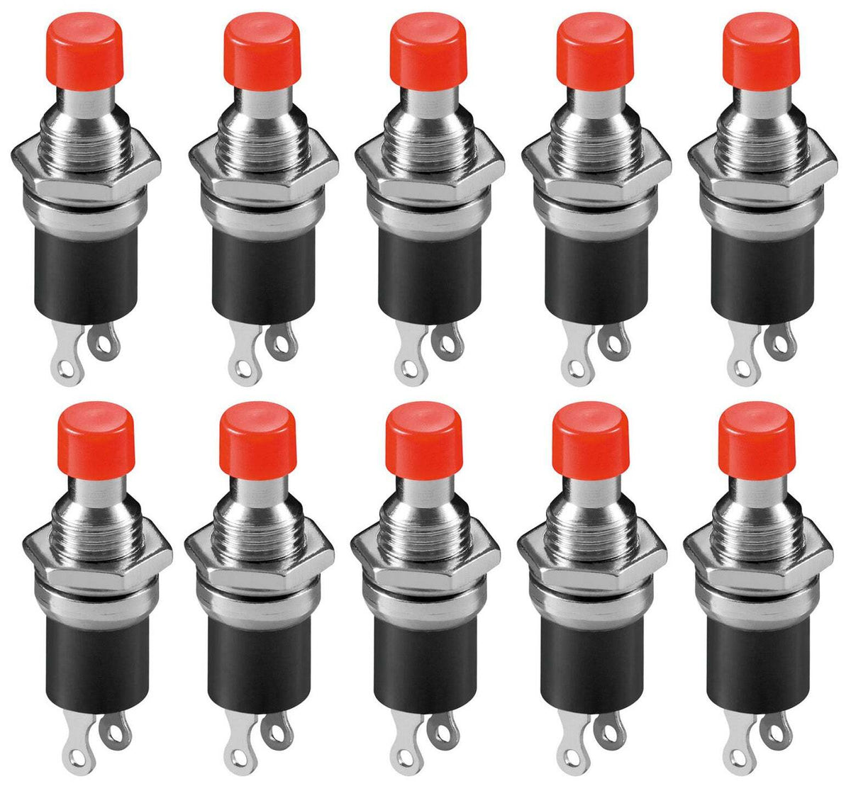10 Pack Normally Open Momentary Switch w\ Round Red Button, 2-Pin Solder Lug