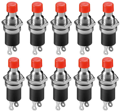 10 Pack Normally Open Momentary Switch w\ Round Red Button, 2-Pin Solder Lug