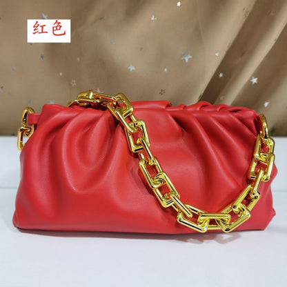 Genuine Cow Leather Handbag Thick Thin Chain Cloud Dumplings Clutch Shoulder Bag