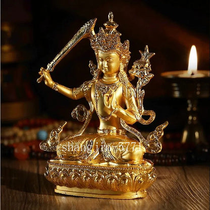 14.5cm Exquisite Alloy Gilt Manjushri Buddha Statue Tibetan Handcarved Ornament